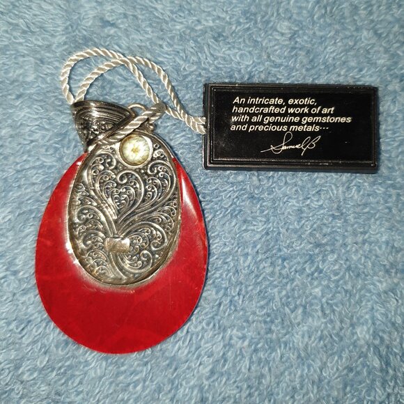 2’’ Vintage Samuel B. Red Coral & Citrine Sterling Silver Pendant - Picture 1 of 10